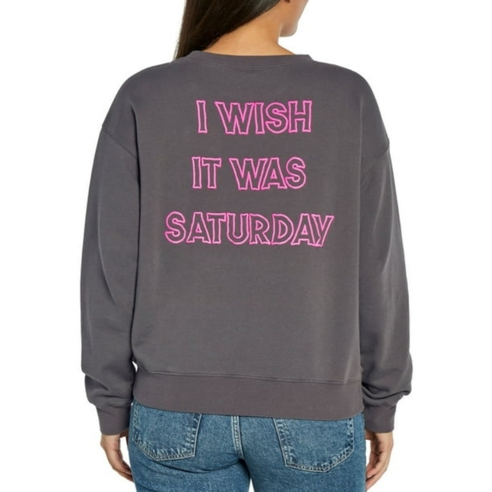 Wildfox Women's Graphic Crewneck Sweater Saturday Grey Pink Size Large